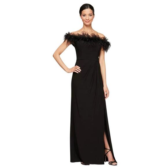 Alex Evenings Dress Jersey off-the-shoulder with Marabou Black Size 6 NWT - Picture 1 of 12